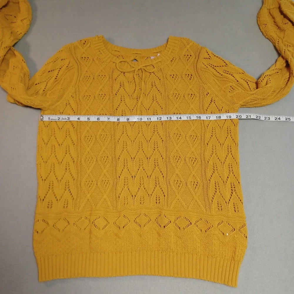 Alya Sweater Womens Medium Yellow Pointelle Open Knit Keyhole Back Pullover
